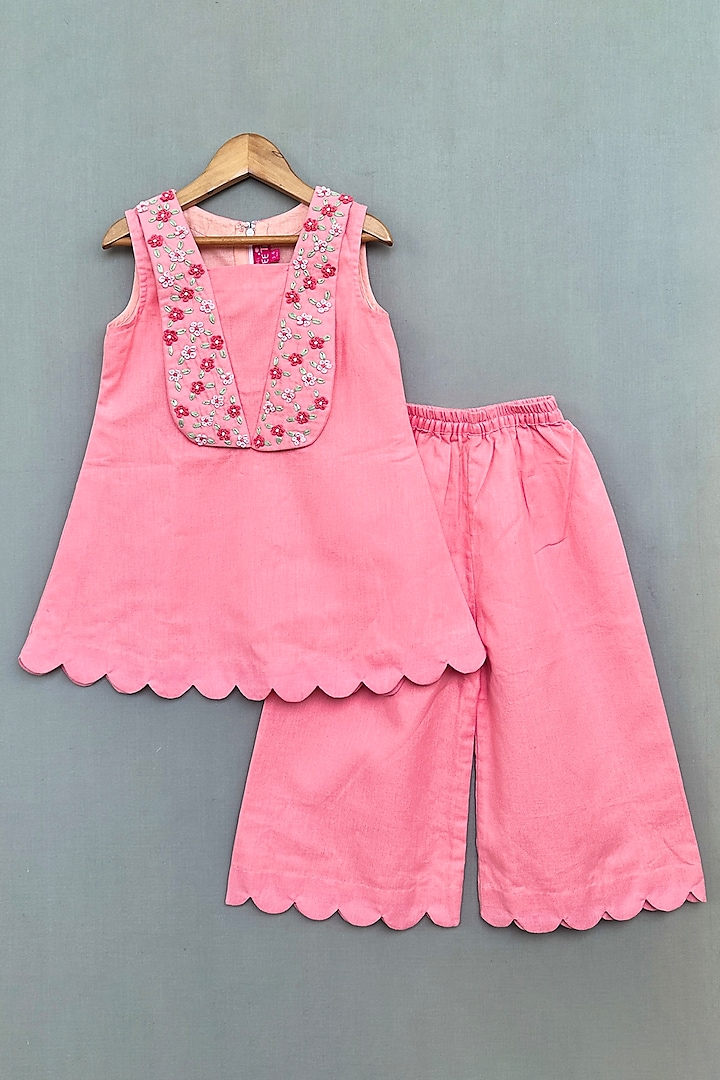 Pink Cotton Linen Hand Embroidered Co-Ord Set For Girls by Label Neeti at Pernia's Pop Up Shop