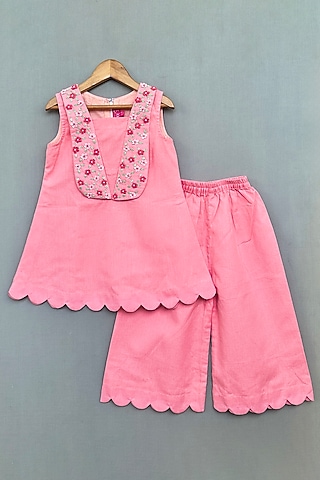 Pink Cotton Linen Hand Embroidered Co-Ord Set For Girls by Label Neeti