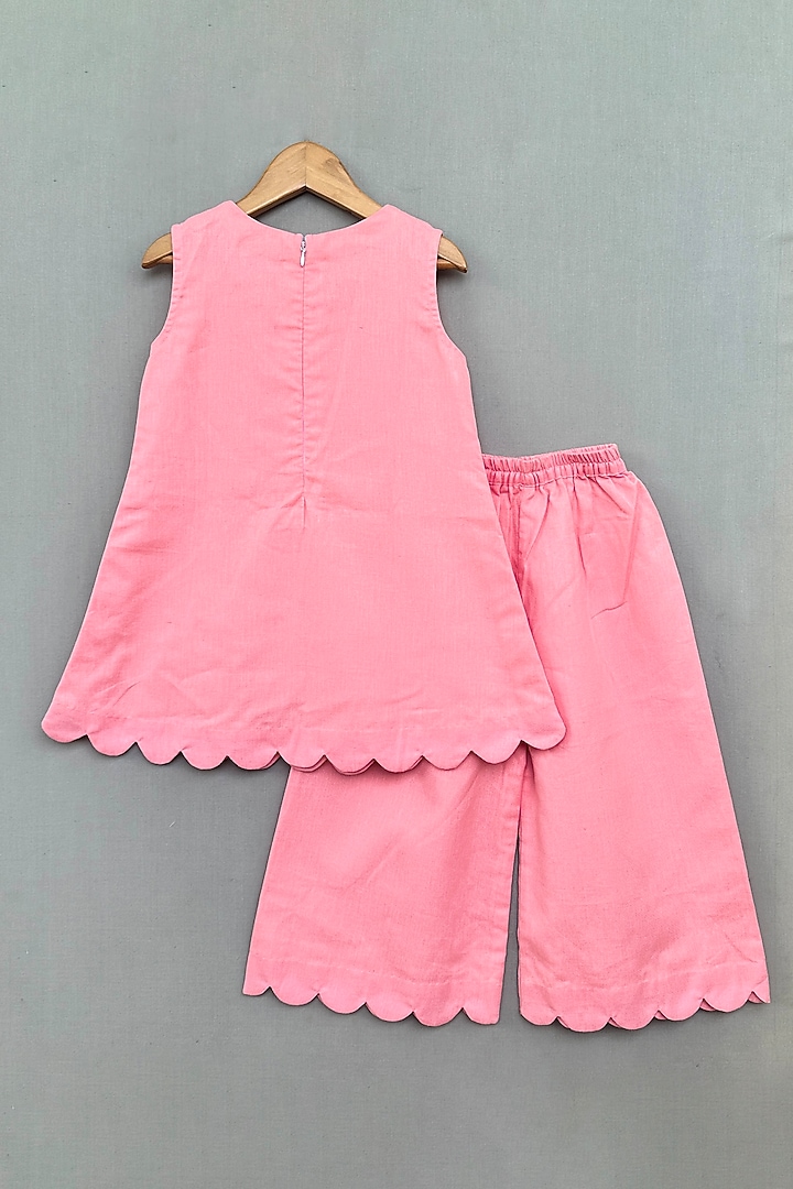 Pink Cotton Linen Hand Embroidered Co-Ord Set For Girls by Label Neeti at Pernia's Pop Up Shop
