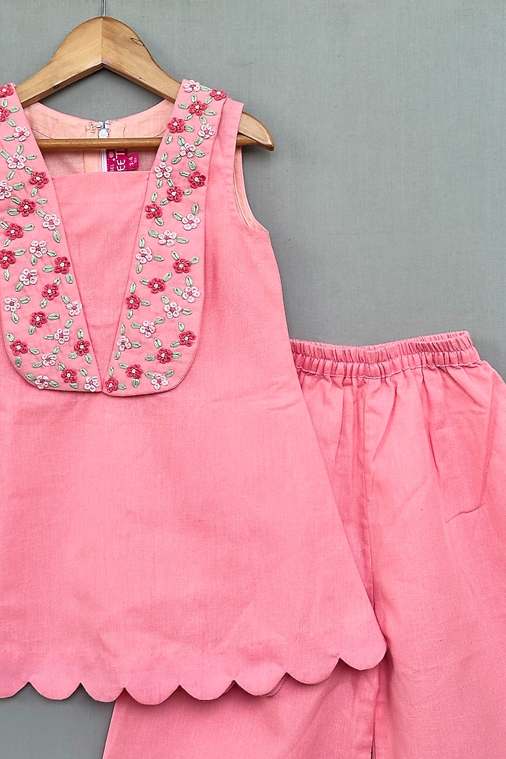 Pink Cotton Linen Hand Embroidered Co-Ord Set For Girls by Label Neeti at Pernia's Pop Up Shop