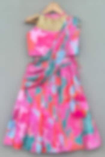 Pink Satin & Muslin Floral Printed Draped Saree Set For Girls by Label Neeti at Pernia's Pop Up Shop