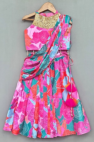 Pink Satin & Muslin Floral Printed Draped Saree Set For Girls by Label Neeti
