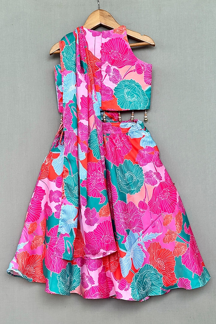 Pink Satin & Muslin Floral Printed Draped Saree Set For Girls by Label Neeti at Pernia's Pop Up Shop