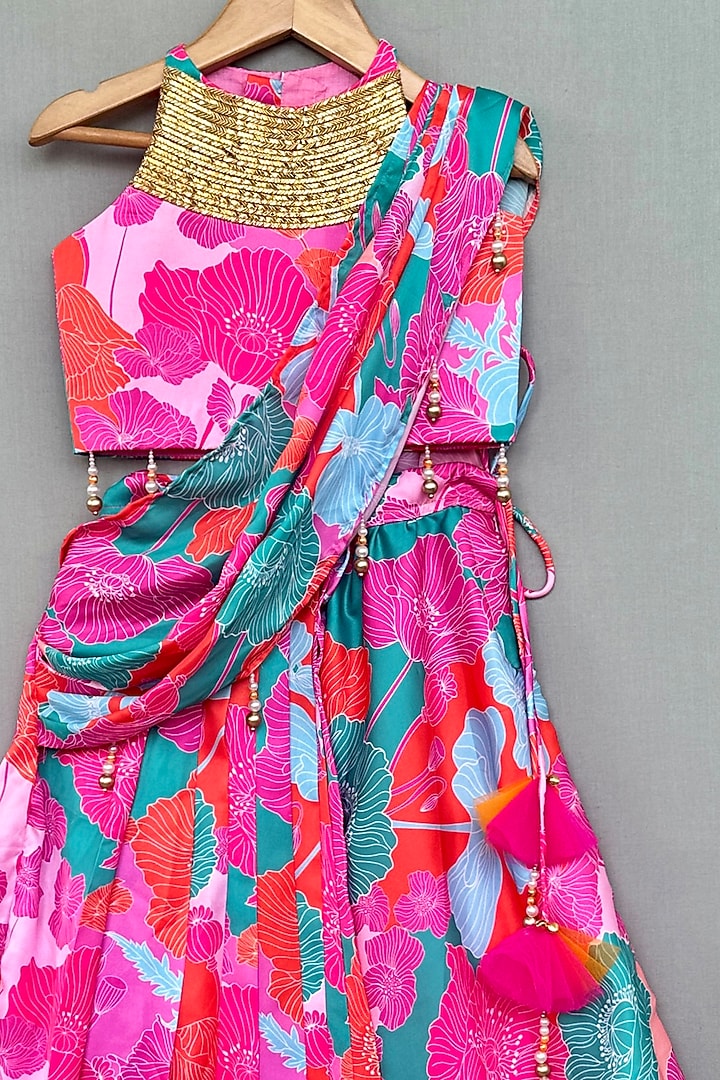 Pink Satin & Muslin Floral Printed Draped Saree Set For Girls by Label Neeti at Pernia's Pop Up Shop