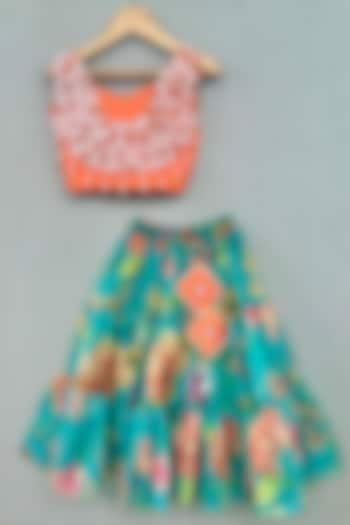 Teal & Orange Cotton Satin Floral Lehenga Set For Girls by Label Neeti at Pernia's Pop Up Shop