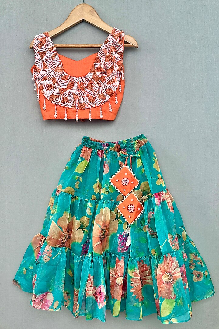 Teal & Orange Cotton Satin Floral Lehenga Set For Girls by Label Neeti at Pernia's Pop Up Shop