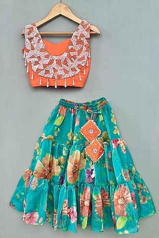 Teal & Orange Cotton Satin Floral Lehenga Set For Girls by Label Neeti