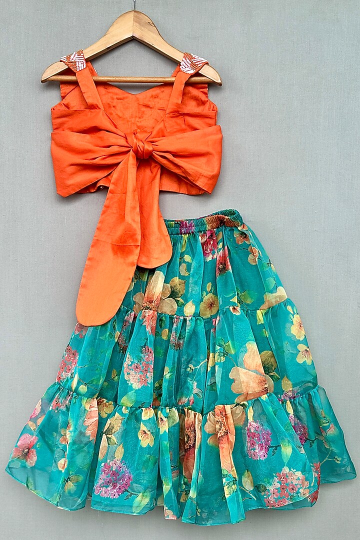 Teal & Orange Cotton Satin Floral Lehenga Set For Girls by Label Neeti at Pernia's Pop Up Shop