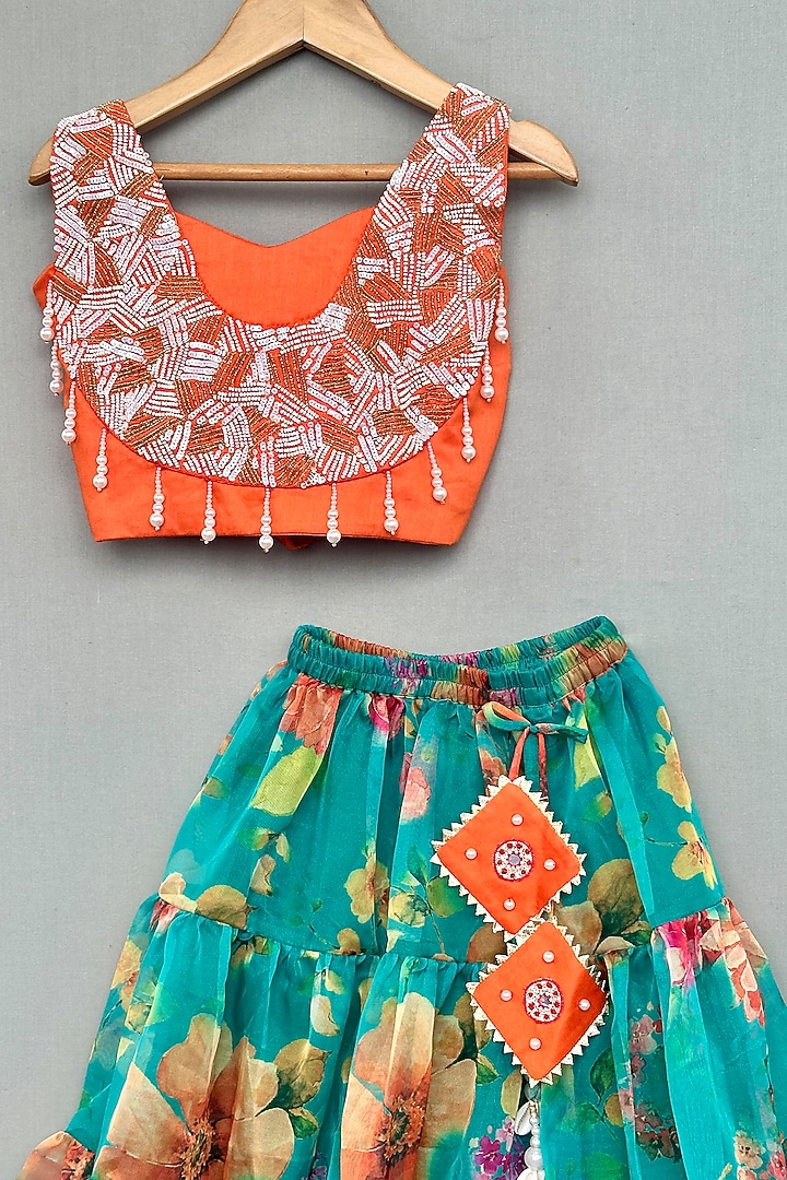 Teal & Orange Cotton Satin Floral Lehenga Set For Girls by Label Neeti at Pernia's Pop Up Shop