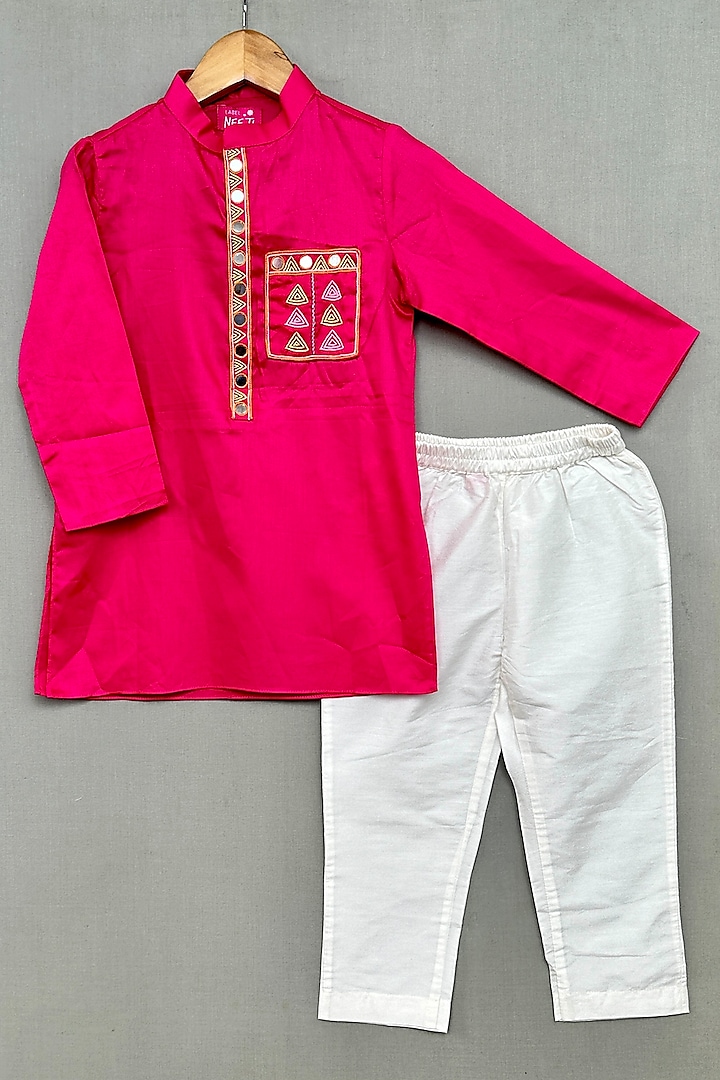 Rani Pink Cotton Satin Hand Embroidered Kurta Set For Boys by Label Neeti