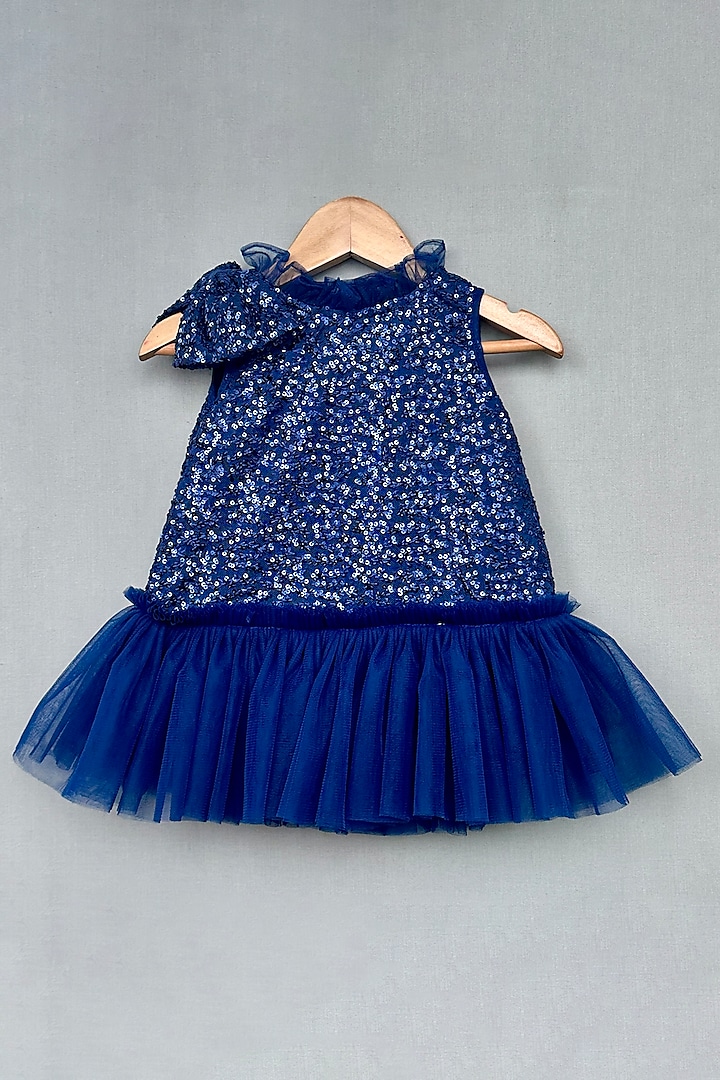 Navy Blue Sequins & Net Ruffled Dress For Girls by Label Neeti at Pernia's Pop Up Shop