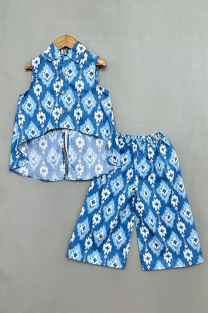 Blue Cotton Ikat Printed Co-Ord Set For Girls by Label Neeti at Pernia's Pop Up Shop