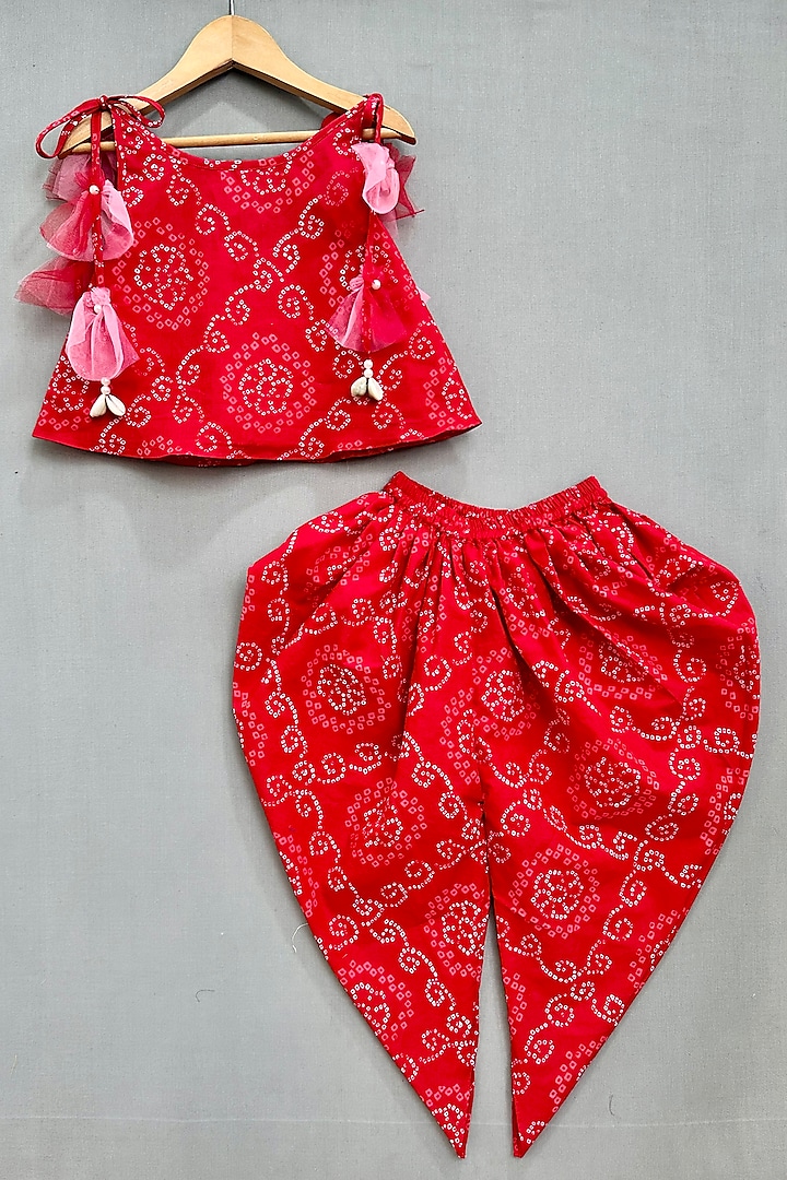 Red Cotton Bandhani Printed Dhoti Set For Girls by Label Neeti at Pernia's Pop Up Shop