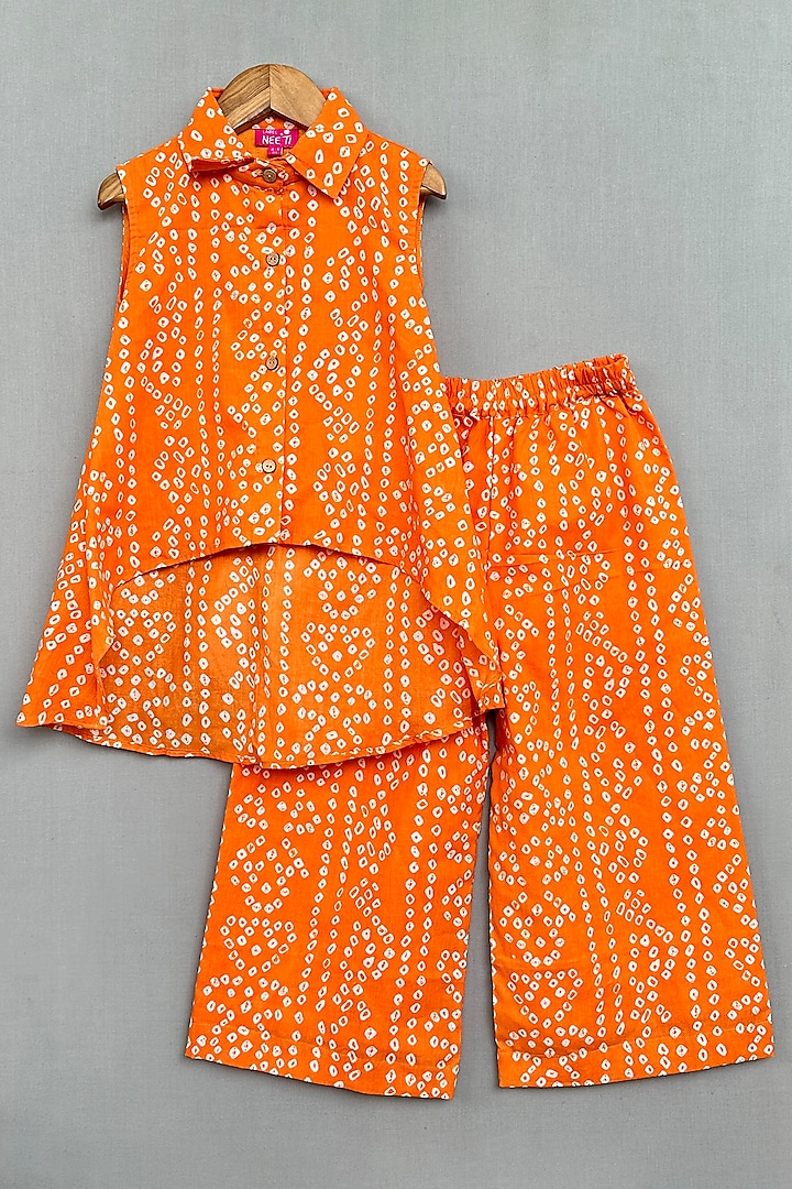 Orange Cotton Bandhani Printed High-Low Kurta Set For Girls by Label Neeti at Pernia's Pop Up Shop