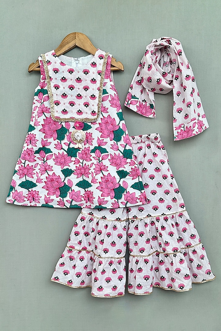 White Cotton Floral Printed Tiered Sharara Set For Girls by Label Neeti at Pernia's Pop Up Shop