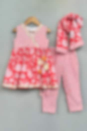 Red Cotton Floral Printed Kurta Set For Girls by Label Neeti at Pernia's Pop Up Shop