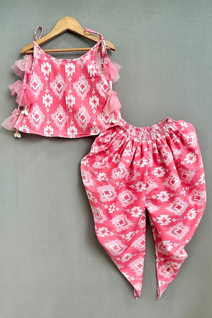 Pink Cotton Ikat Printed Dhoti Set For Girls by Label Neeti at Pernia's Pop Up Shop