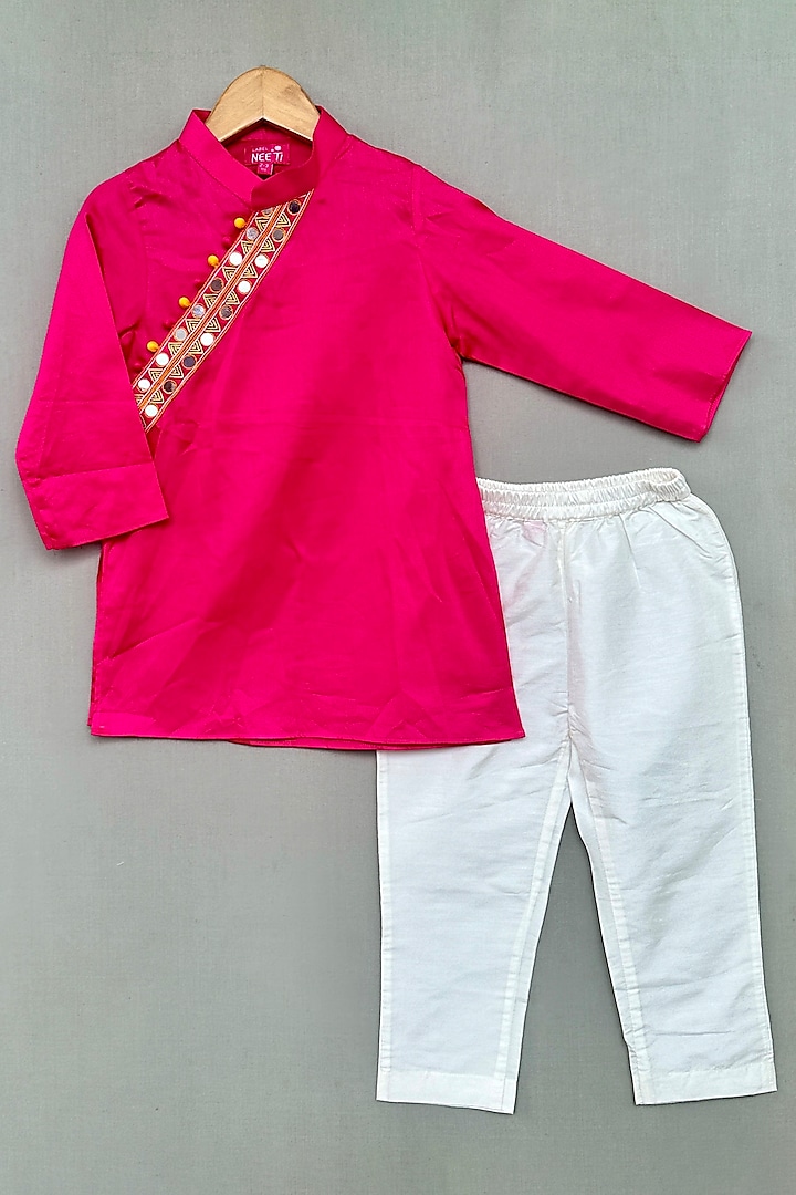 Rani Pink Cotton Satin Hand Embroidered Kurta Set For Boys by Label Neeti at Pernia's Pop Up Shop