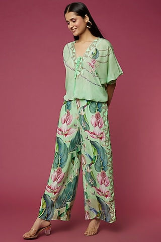 Mint Green Printed Pant Set by Neeva A