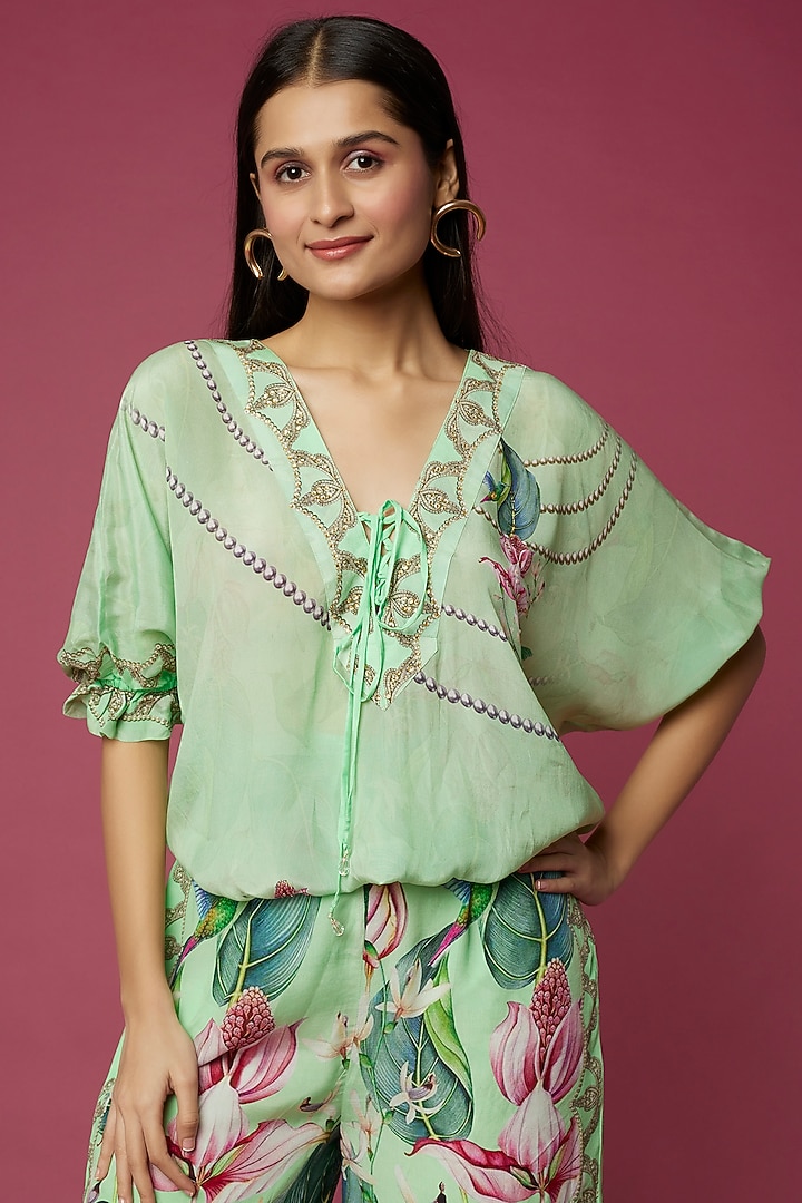 Mint Green Printed Pant Set by Neeva A at Pernia's Pop Up Shop