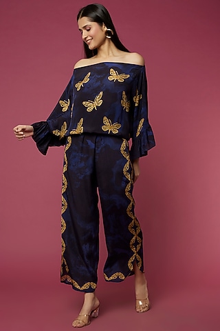 Navy Blue Viscose Crepe Pant Set by Neeva A