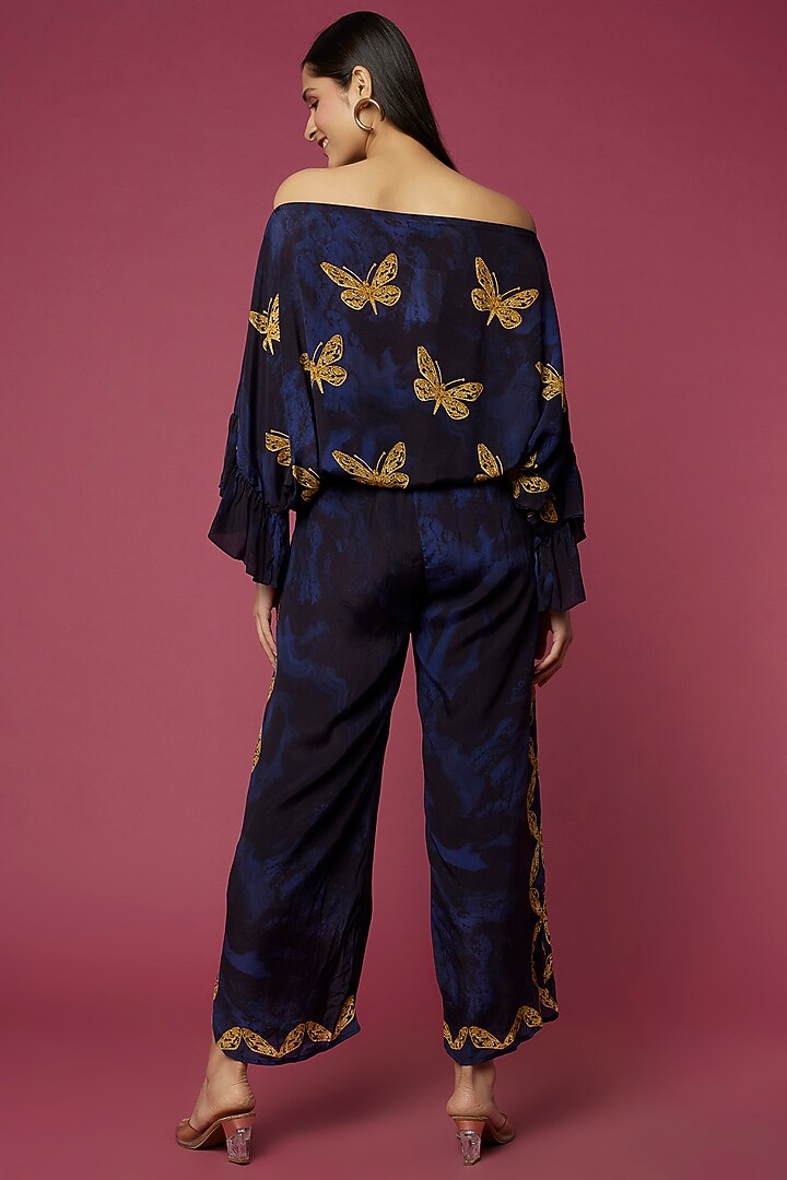 Navy Blue Viscose Crepe Pant Set by Neeva A at Pernia's Pop Up Shop