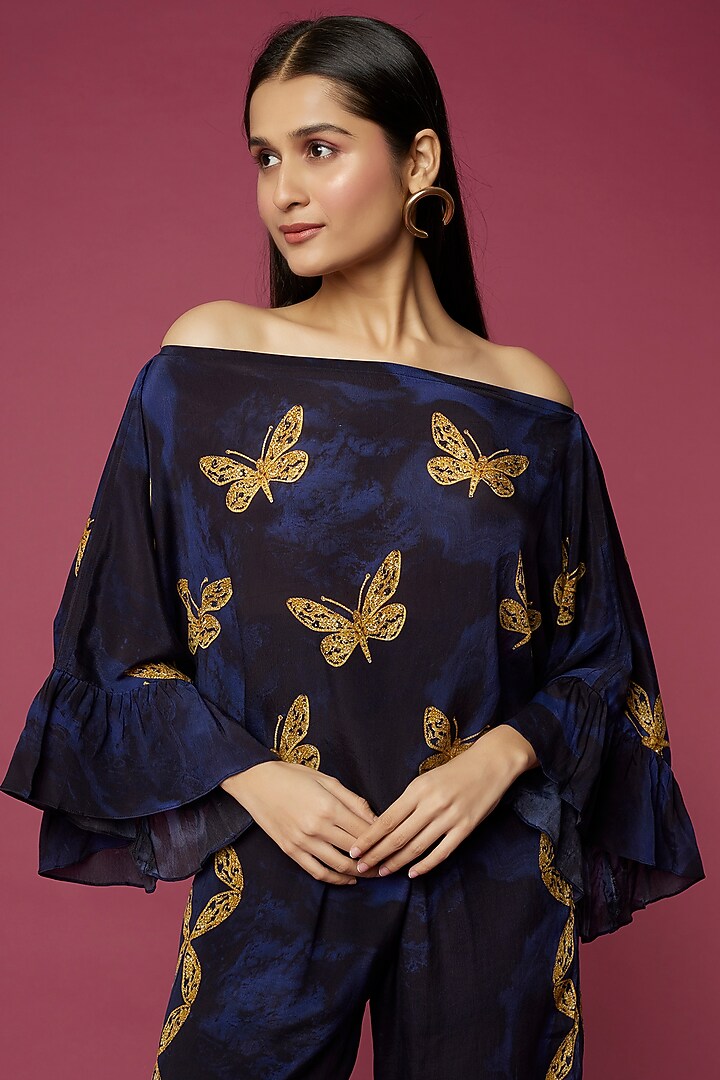 Navy Blue Viscose Crepe Pant Set by Neeva A at Pernia's Pop Up Shop