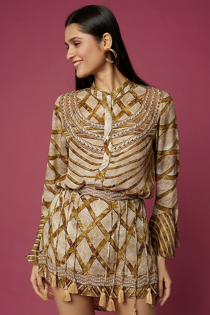 Beige Printed Skirt Set by Neeva A at Pernia's Pop Up Shop