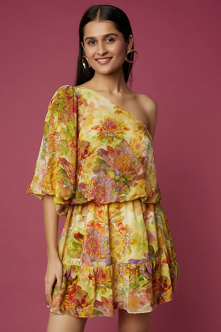 Yellow Viscose Georgette Printed Summer Dress by Neeva A at Pernia's Pop Up Shop
