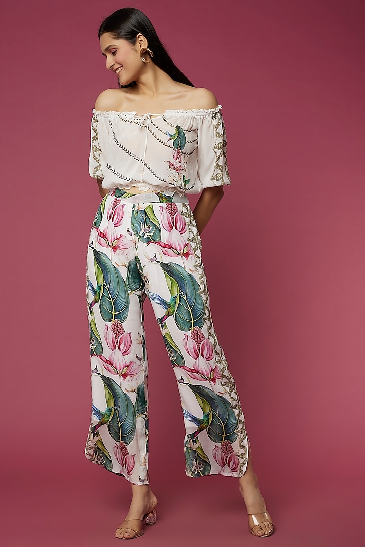 White Floral Printed Pant Set by Neeva A