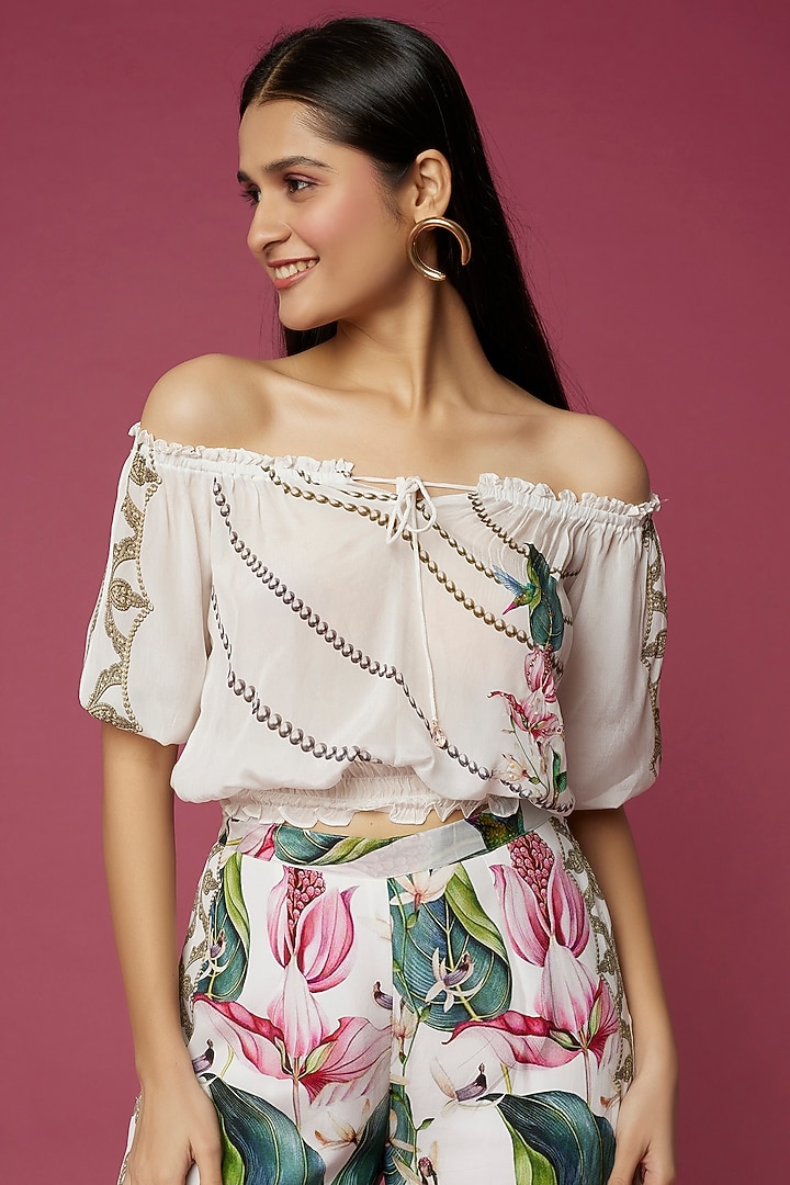 White Floral Printed Pant Set by Neeva A at Pernia's Pop Up Shop