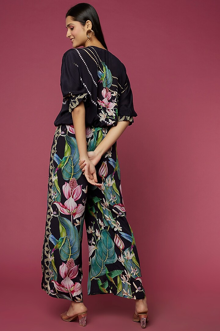 Black Floral Printed Pant Set by Neeva A at Pernia's Pop Up Shop
