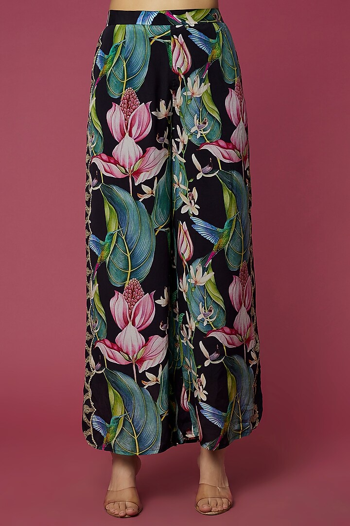 Black Floral Printed Pant Set by Neeva A at Pernia's Pop Up Shop