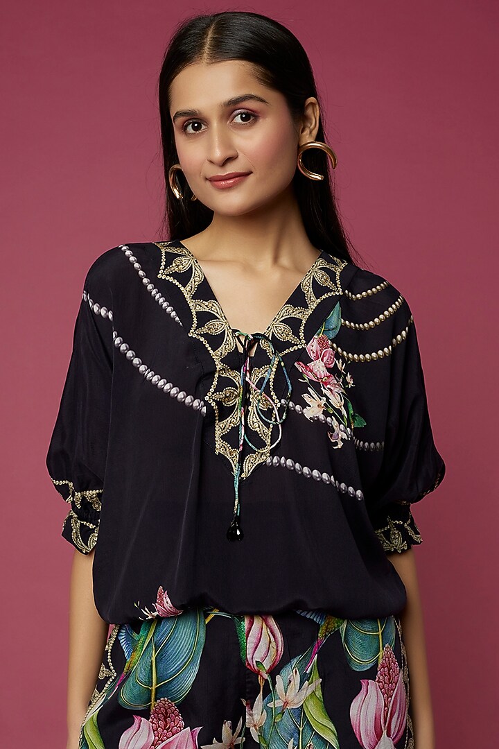 Black Floral Printed Pant Set by Neeva A at Pernia's Pop Up Shop