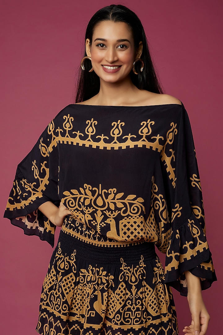 Black Viscose Crepe Printed Co-Ord Set by Neeva A at Pernia's Pop Up Shop