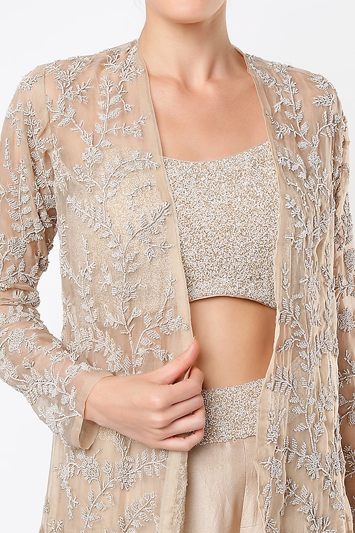 Beige Embroidered Jacket Set by COUTURE BY NIHARIKA at Pernia's Pop Up Shop