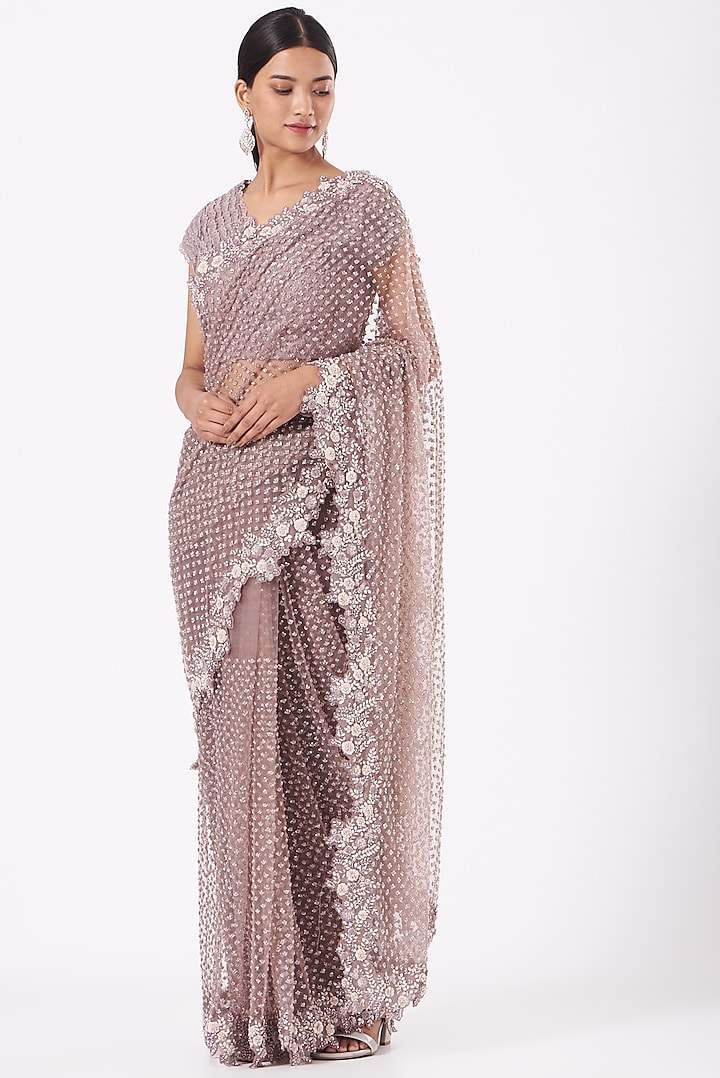 Dusty Purple Hand Embroidered Reception Saree Set by COUTURE BY NIHARIKA at Pernia's Pop Up Shop