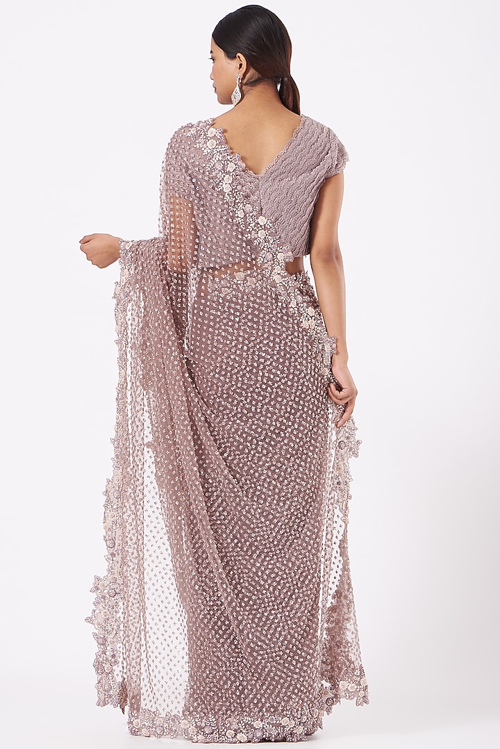Dusty Purple Hand Embroidered Reception Saree Set by COUTURE BY NIHARIKA at Pernia's Pop Up Shop