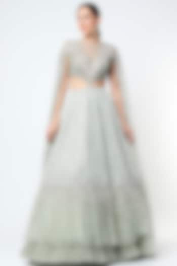 Mint Embroidered Bridal Lehenga Set by COUTURE BY NIHARIKA at Pernia's Pop Up Shop