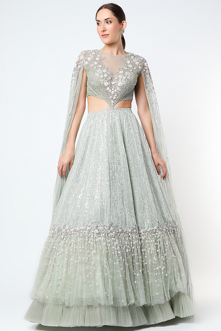 Mint Embroidered Bridal Lehenga Set by COUTURE BY NIHARIKA at Pernia's Pop Up Shop