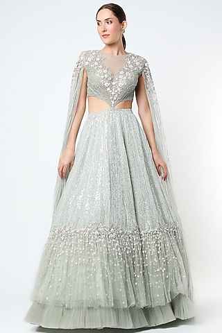 Mint Embroidered Lehenga Set by COUTURE BY NIHARIKA