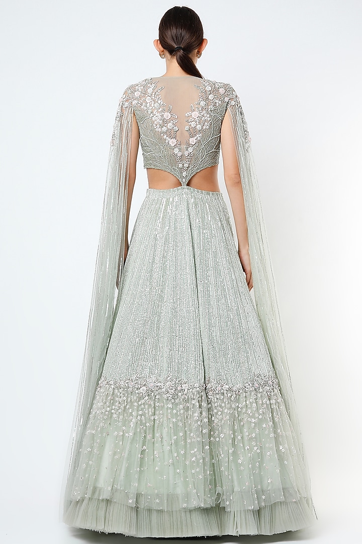 Mint Embroidered Bridal Lehenga Set by COUTURE BY NIHARIKA at Pernia's Pop Up Shop