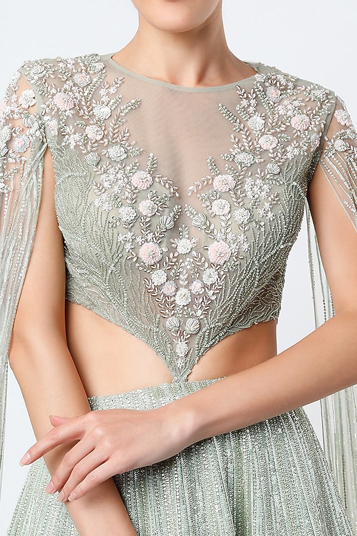 Mint Embroidered Bridal Lehenga Set by COUTURE BY NIHARIKA at Pernia's Pop Up Shop