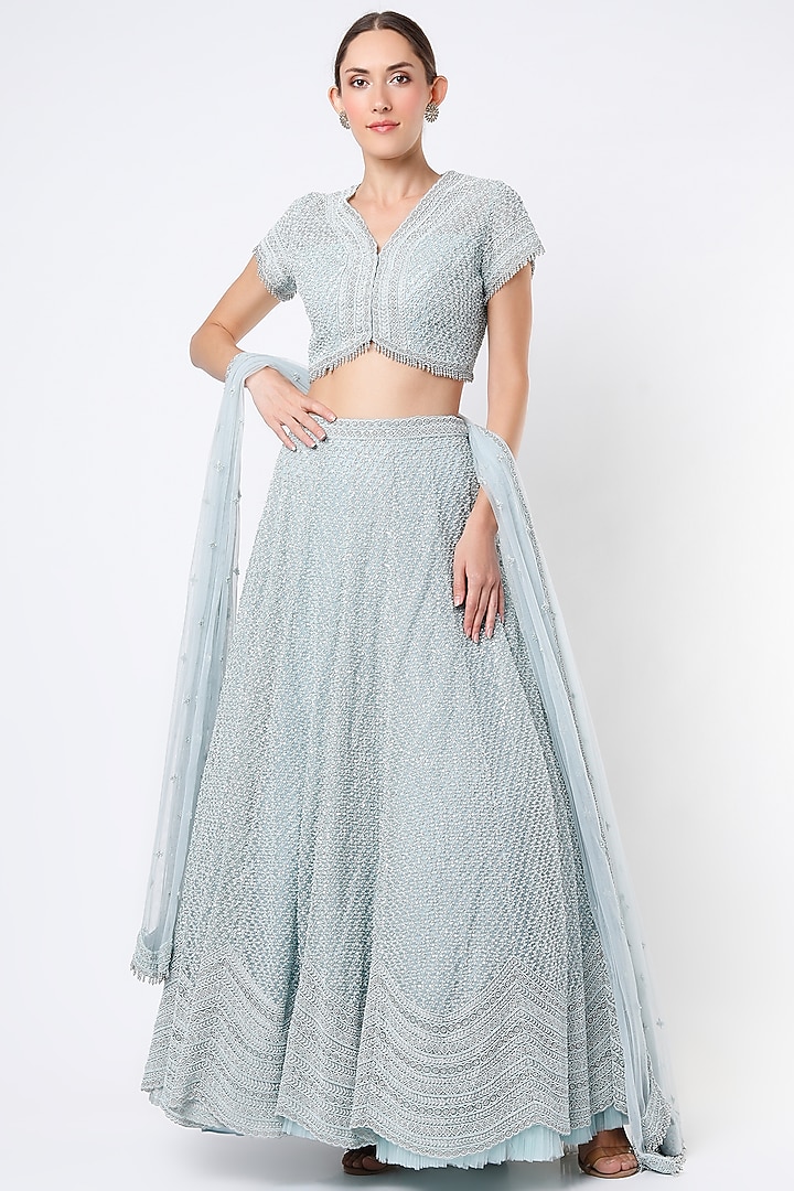 Ice Blue Embroidered Scalloped Bridal Lehenga Set by COUTURE BY NIHARIKA at Pernia's Pop Up Shop