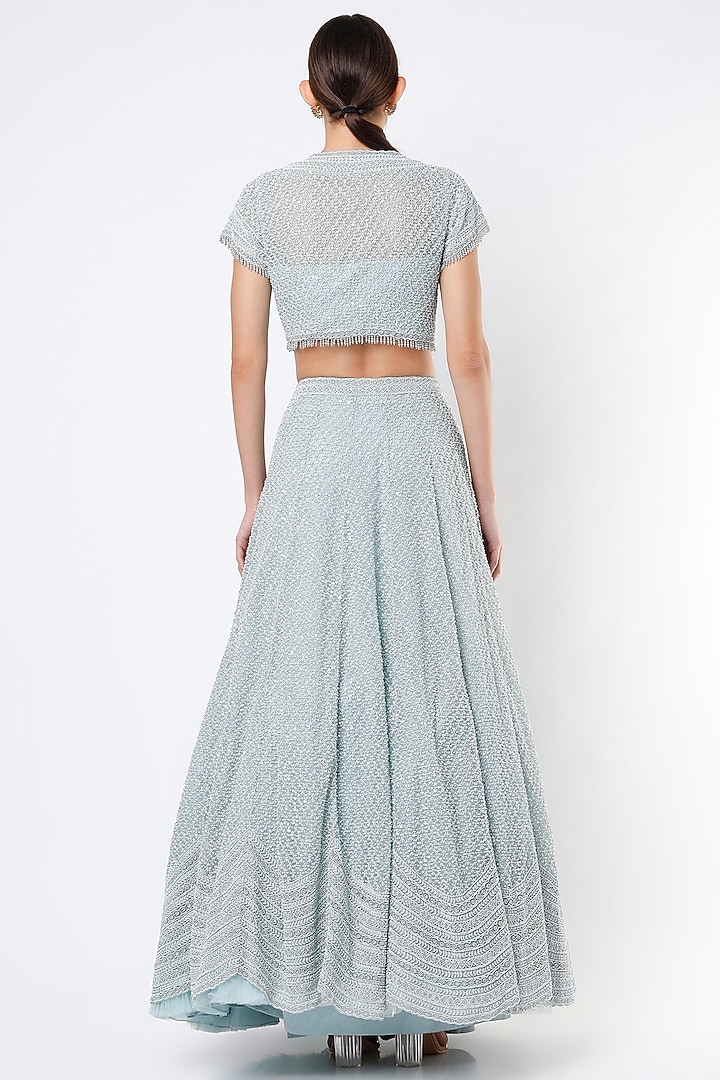 Ice Blue Embroidered Scalloped Bridal Lehenga Set by COUTURE BY NIHARIKA at Pernia's Pop Up Shop