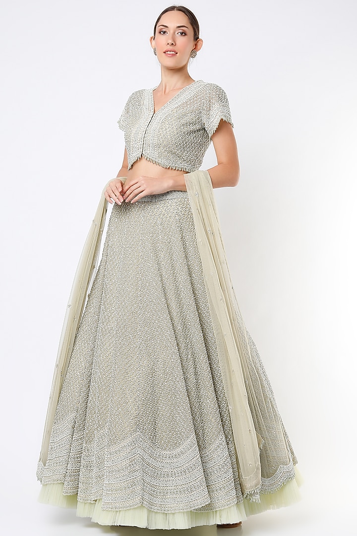 Mint Embroidered Scalloped Bridal Lehenga Set by COUTURE BY NIHARIKA at Pernia's Pop Up Shop