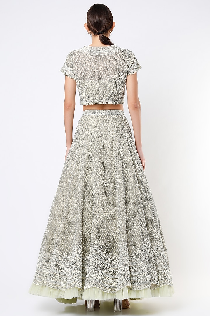 Mint Embroidered Scalloped Bridal Lehenga Set by COUTURE BY NIHARIKA at Pernia's Pop Up Shop