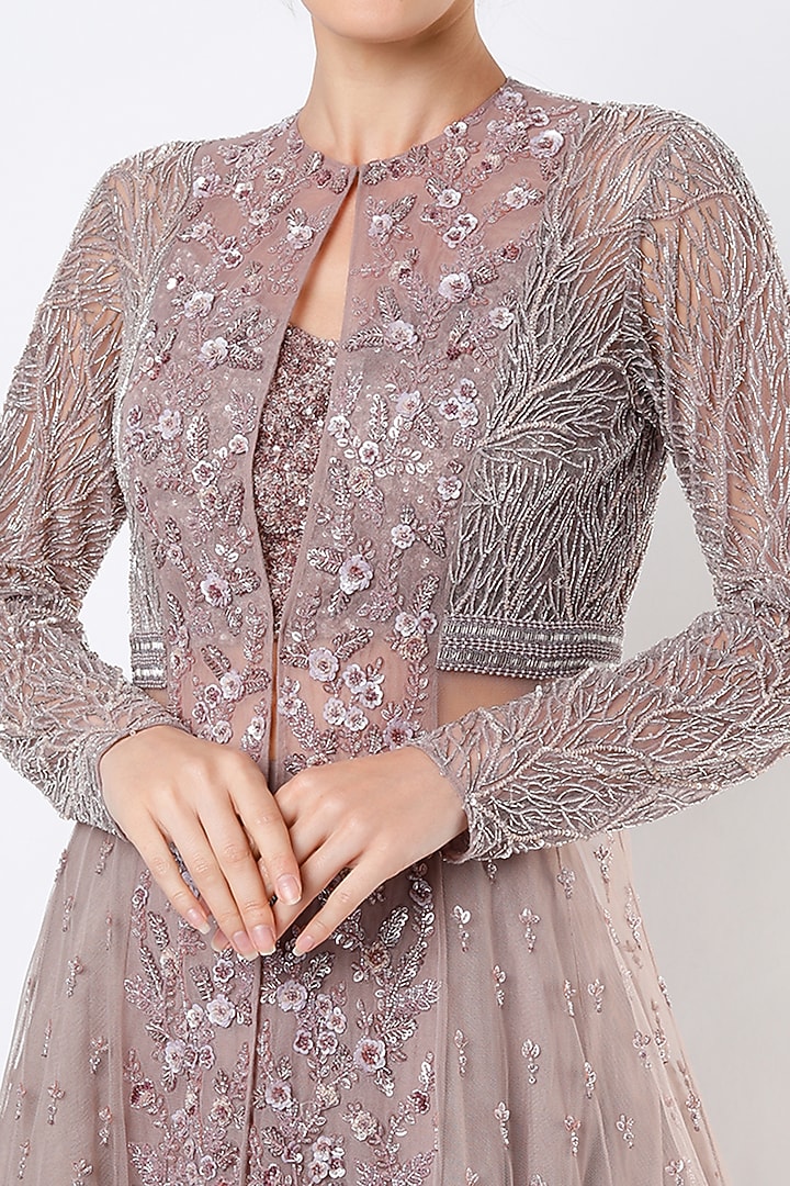 Dusty Purple Organza & Net Floral Embroidered Jacket Set by COUTURE BY NIHARIKA at Pernia's Pop Up Shop