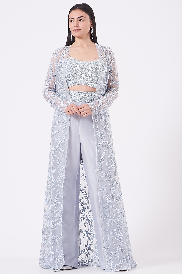 Ice Blue Embroidered Jacket Set by COUTURE BY NIHARIKA