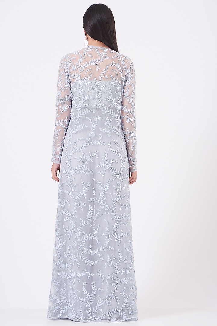 Ice Blue Embroidered Jacket Set by COUTURE BY NIHARIKA at Pernia's Pop Up Shop